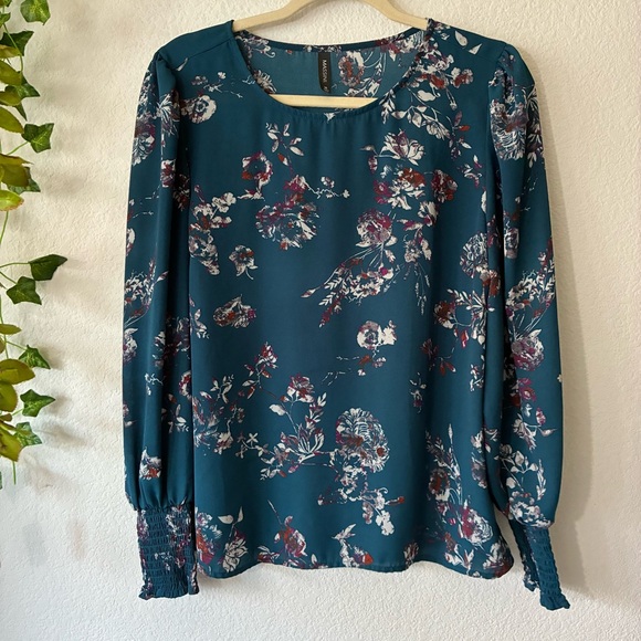 MASSINI TEAL FLORAL BLOUSE, MEDIUM - Picture 1 of 4